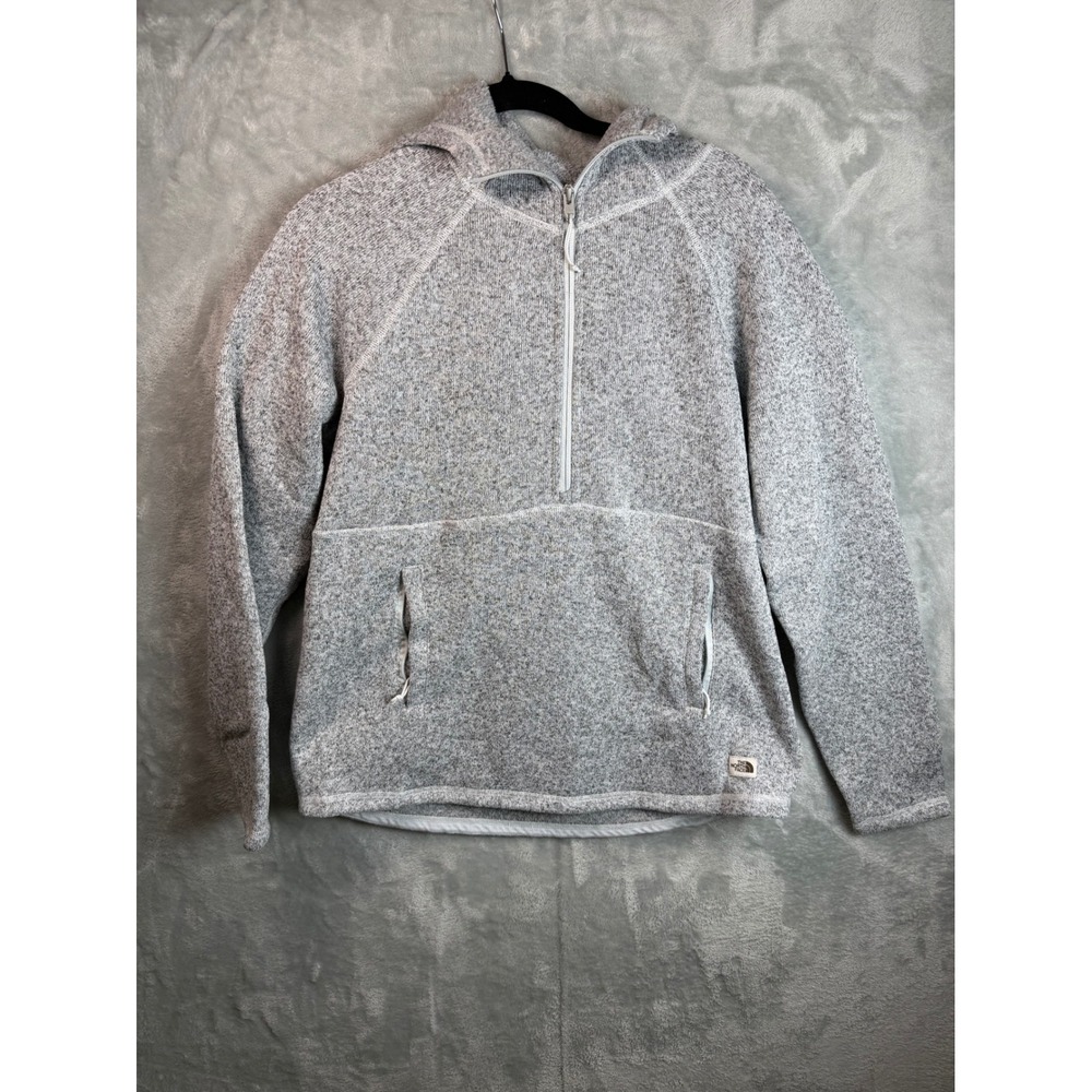 THE NORTH FACE Womens L Gray Heather Fleece Hooded Quarter Zip Pullover Sweater